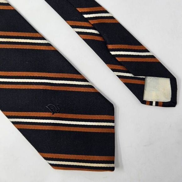 CHRISTIAN DIOR USA POLY SILK TIE BLACK WHITE ORANGE STRIPE SATIN 3" X 57" - Picture 1 of 3